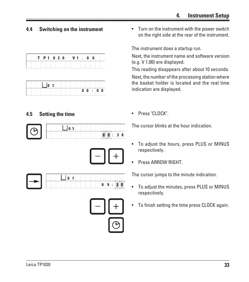 4 switching on the instrument, 5 setting the time, Switching on the instrument | Setting the time, Instrument setup | Leica Biosystems TP1020 User Manual | Page 33 / 102