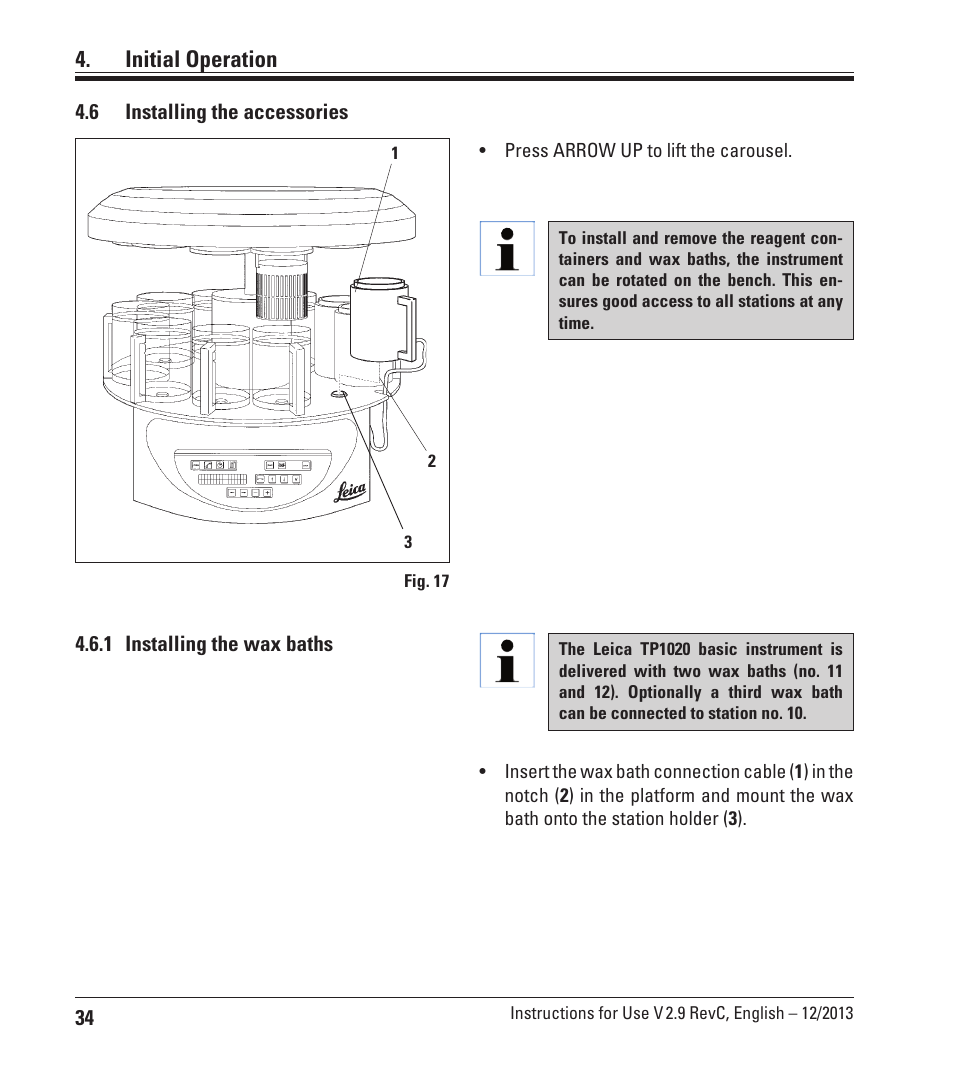 6 installing the accessories, 1 installing the wax baths, Installing the accessories | Initial operation | Leica Biosystems TP1020 User Manual | Page 34 / 102