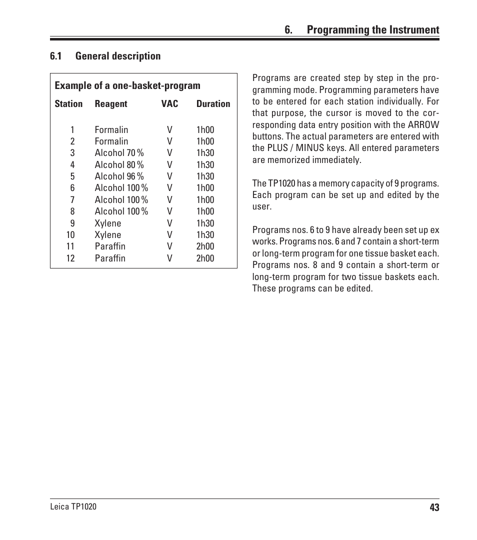 Programming the instrument, 1 general description, General description | Leica Biosystems TP1020 User Manual | Page 43 / 102