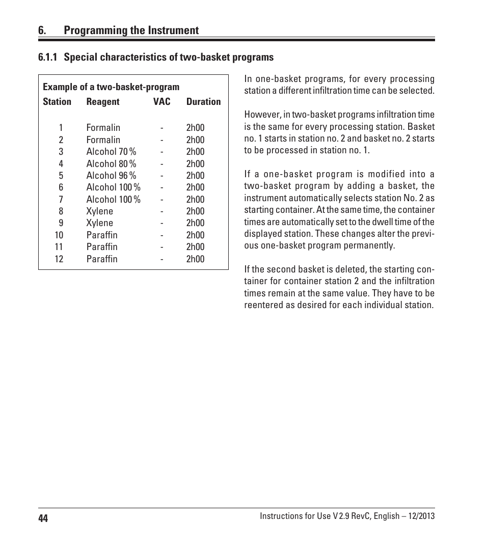 1 special characteristics of two-basket programs, Programming the instrument | Leica Biosystems TP1020 User Manual | Page 44 / 102