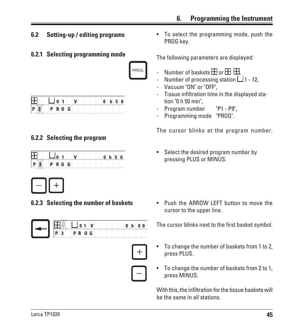 2 setting-up / editing programs, 1 selecting programming mode, 2 selecting the program | 3 selecting the number of baskets, Setting-up / editing programs, Programming the instrument | Leica Biosystems TP1020 User Manual | Page 45 / 102