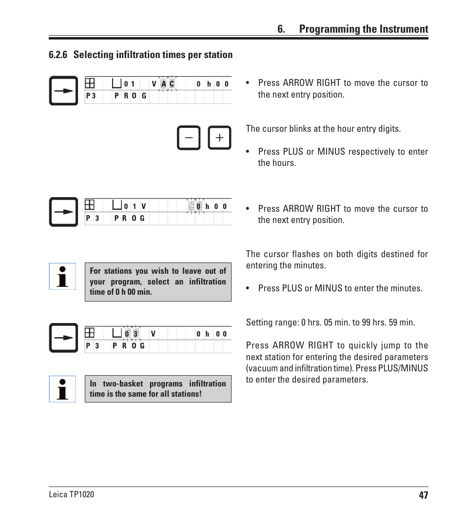 6 selecting infiltration times per station, Programming the instrument | Leica Biosystems TP1020 User Manual | Page 47 / 102