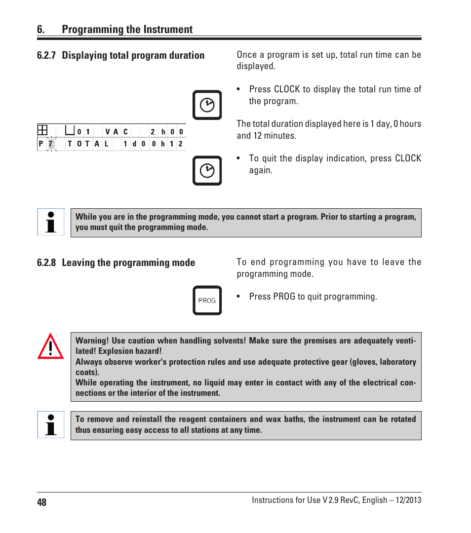 7 displaying total program duration, 8 leaving the programming mode, Programming the instrument | Leica Biosystems TP1020 User Manual | Page 48 / 102