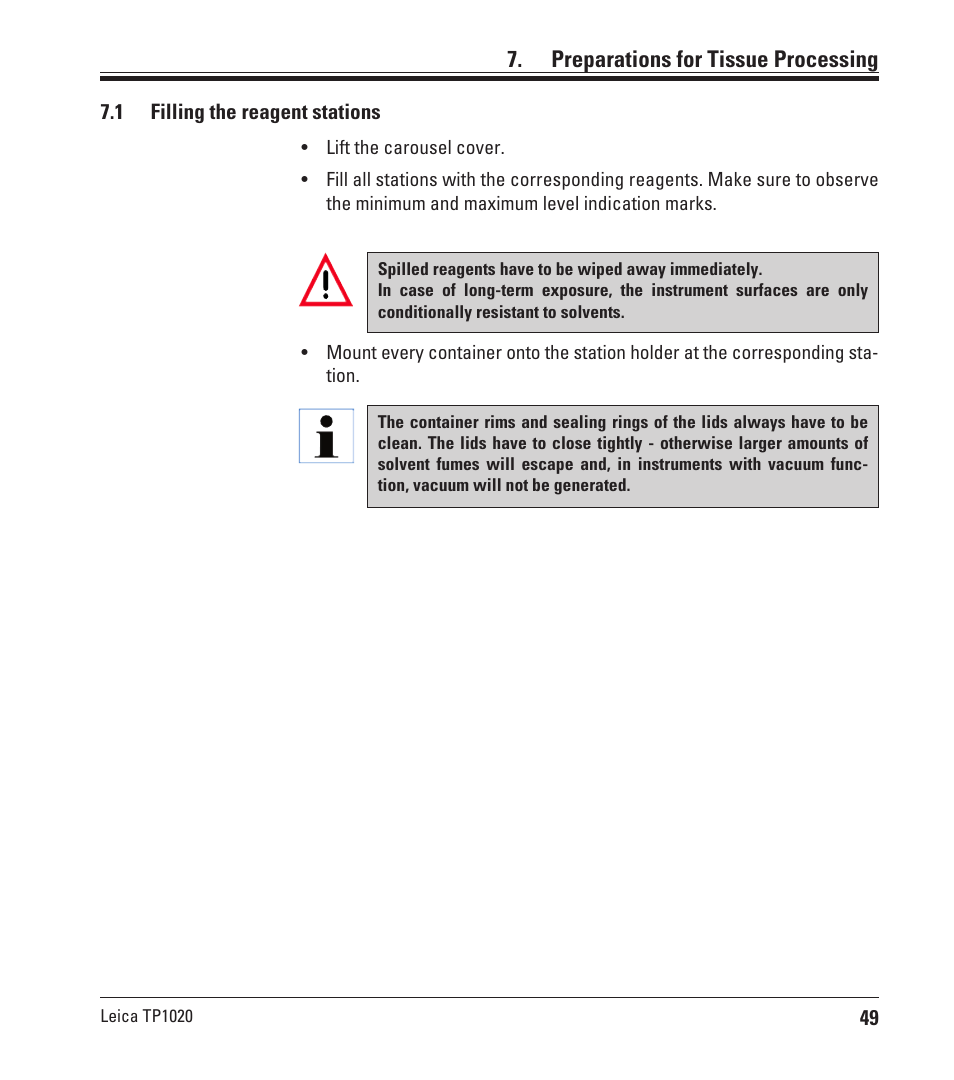 Preparations for tissue processing, 1 filling the reagent stations, Filling the reagent stations | Leica Biosystems TP1020 User Manual | Page 49 / 102