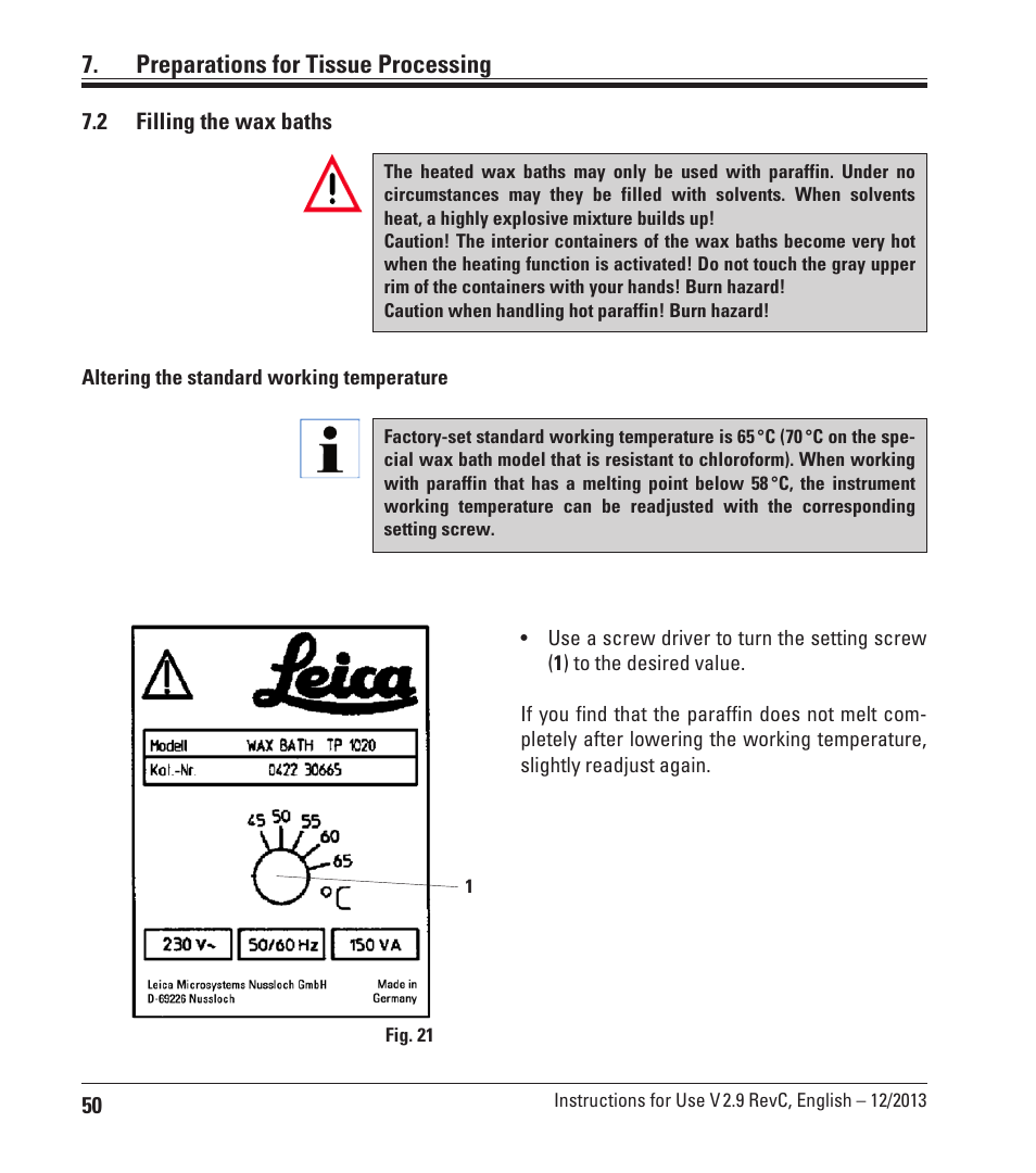 2 filling the wax baths, Filling the wax baths, Preparations for tissue processing | Leica Biosystems TP1020 User Manual | Page 50 / 102