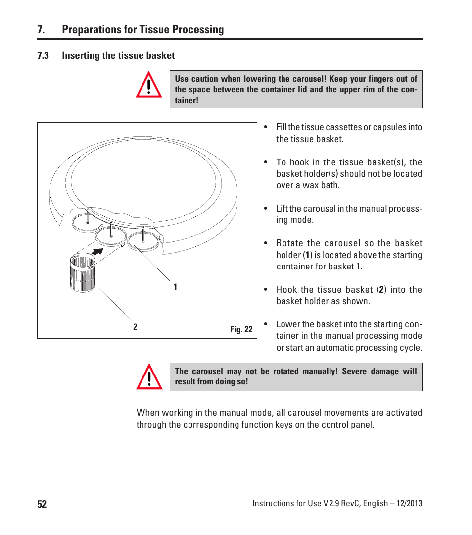3 inserting the tissue basket, Inserting the tissue basket, Preparations for tissue processing | Leica Biosystems TP1020 User Manual | Page 52 / 102