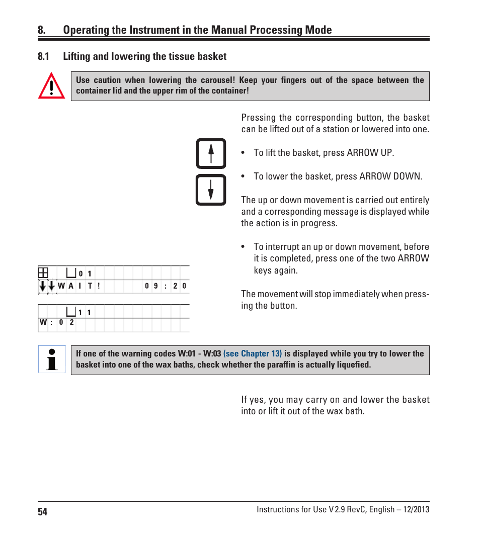 1 lifting and lowering the tissue basket, Lifting and lowering the tissue basket | Leica Biosystems TP1020 User Manual | Page 54 / 102