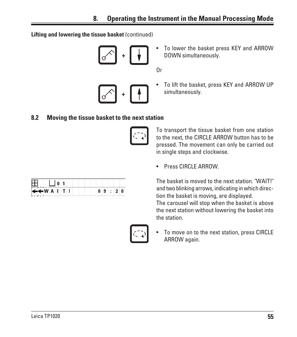 2 moving the tissue basket to the next station, Moving the tissue basket to the next station | Leica Biosystems TP1020 User Manual | Page 55 / 102