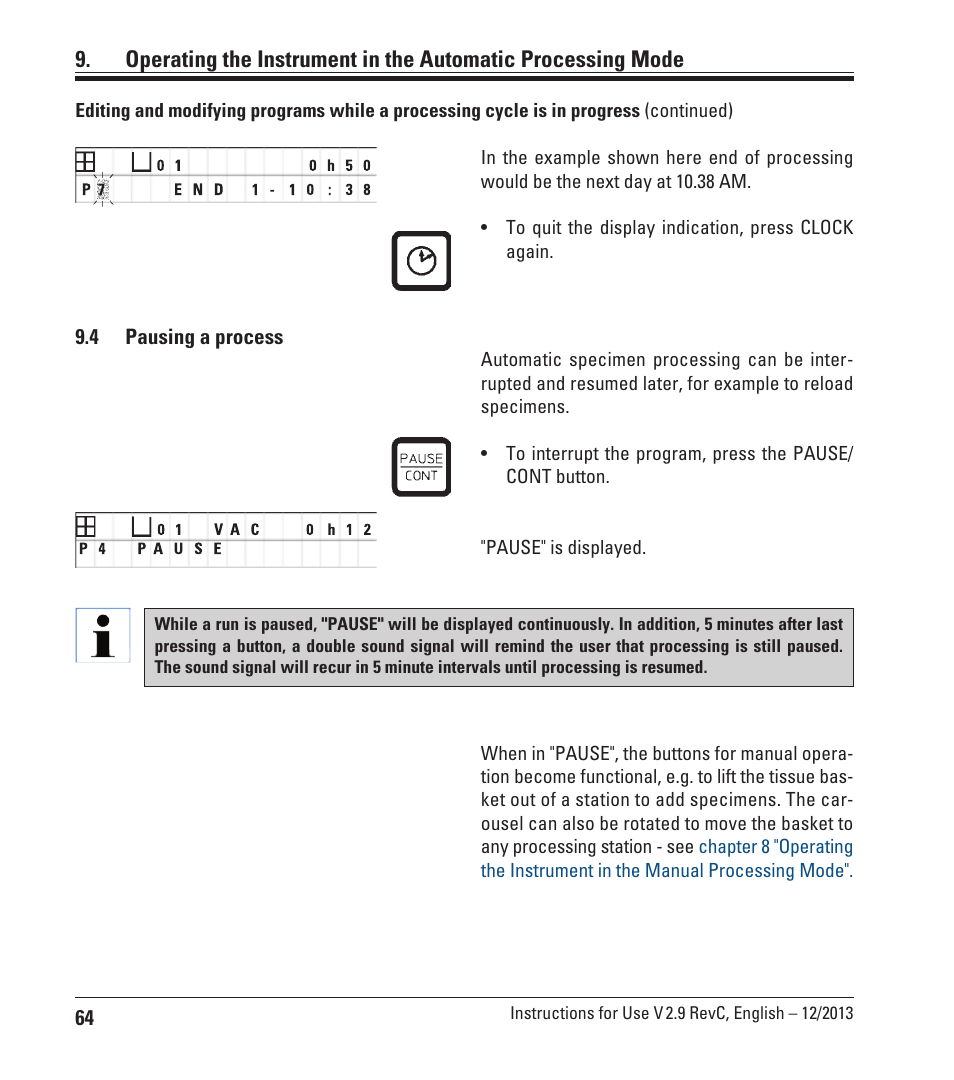 4 pausing a process, Pausing a process | Leica Biosystems TP1020 User Manual | Page 64 / 102