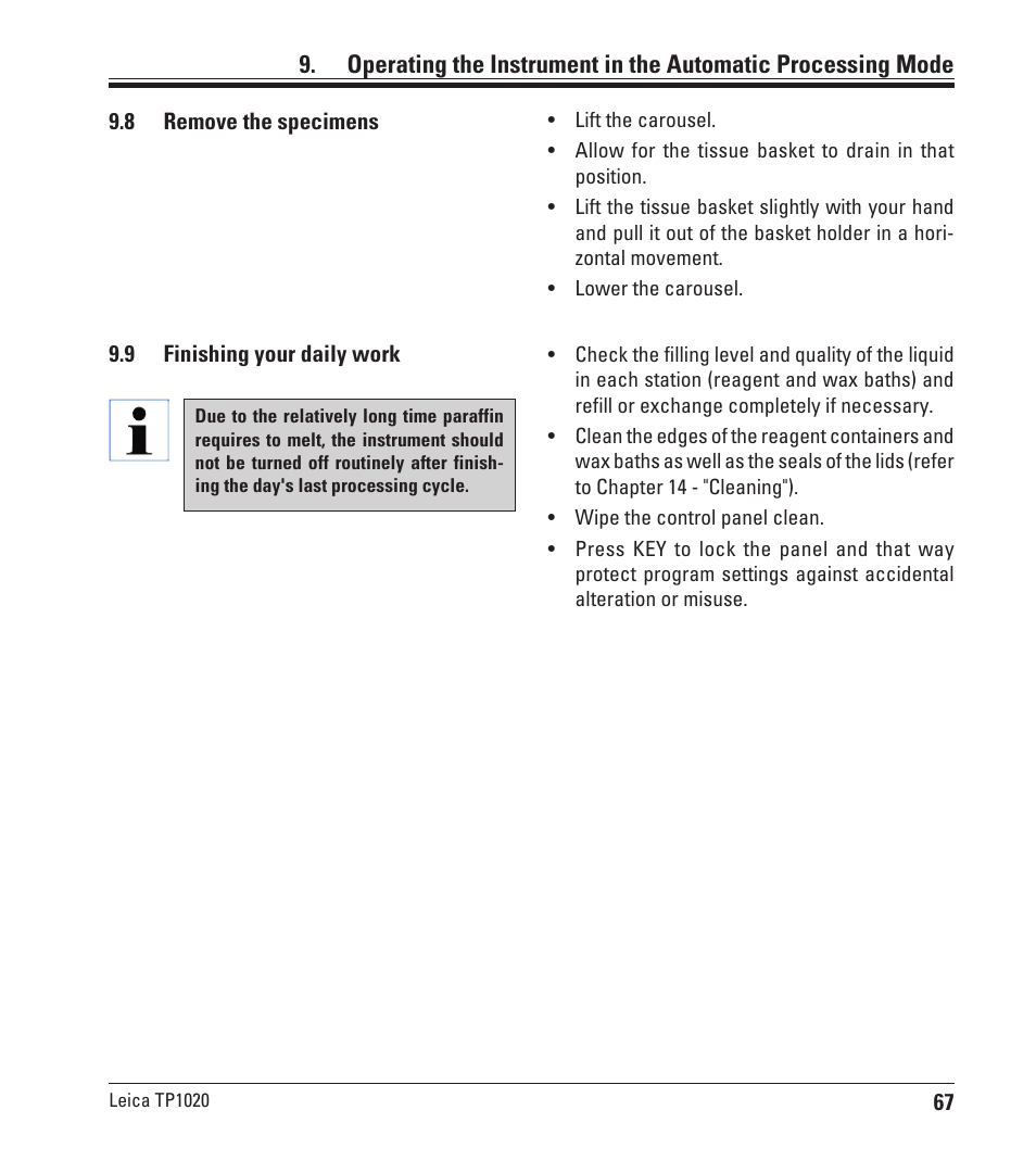 8 remove the specimens, 9 finishing your daily work, Remove the specimens | Finishing your daily work | Leica Biosystems TP1020 User Manual | Page 67 / 102