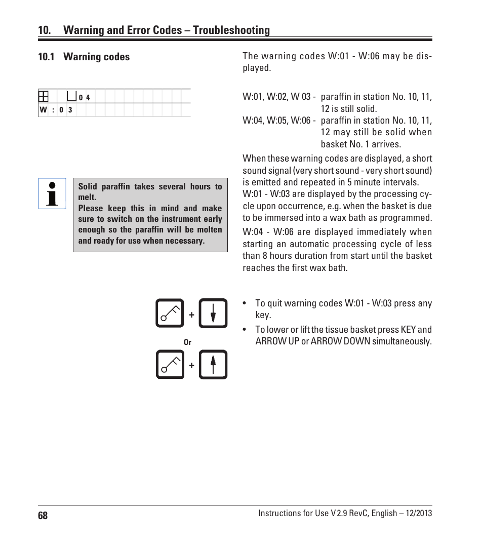 Warning and error codes – troubleshooting, 1 warning codes | Leica Biosystems TP1020 User Manual | Page 68 / 102