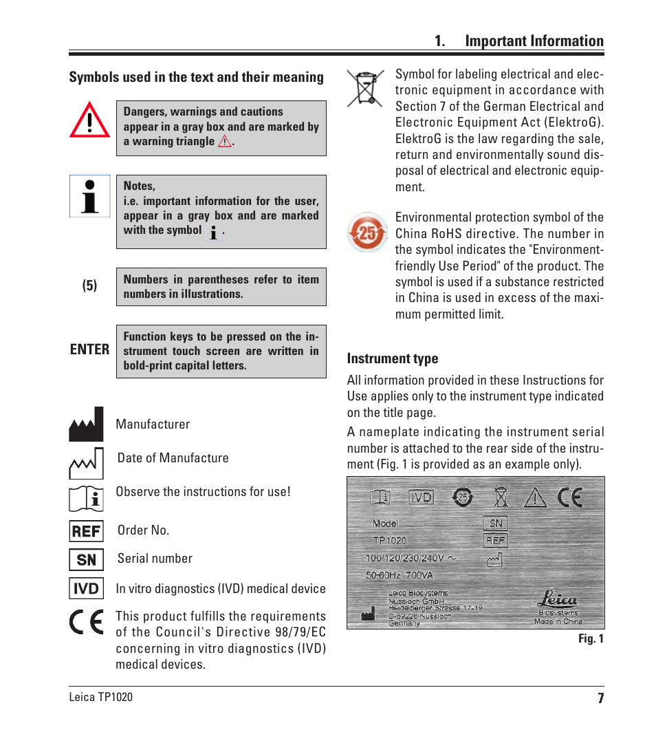 Important information | Leica Biosystems TP1020 User Manual | Page 7 / 102