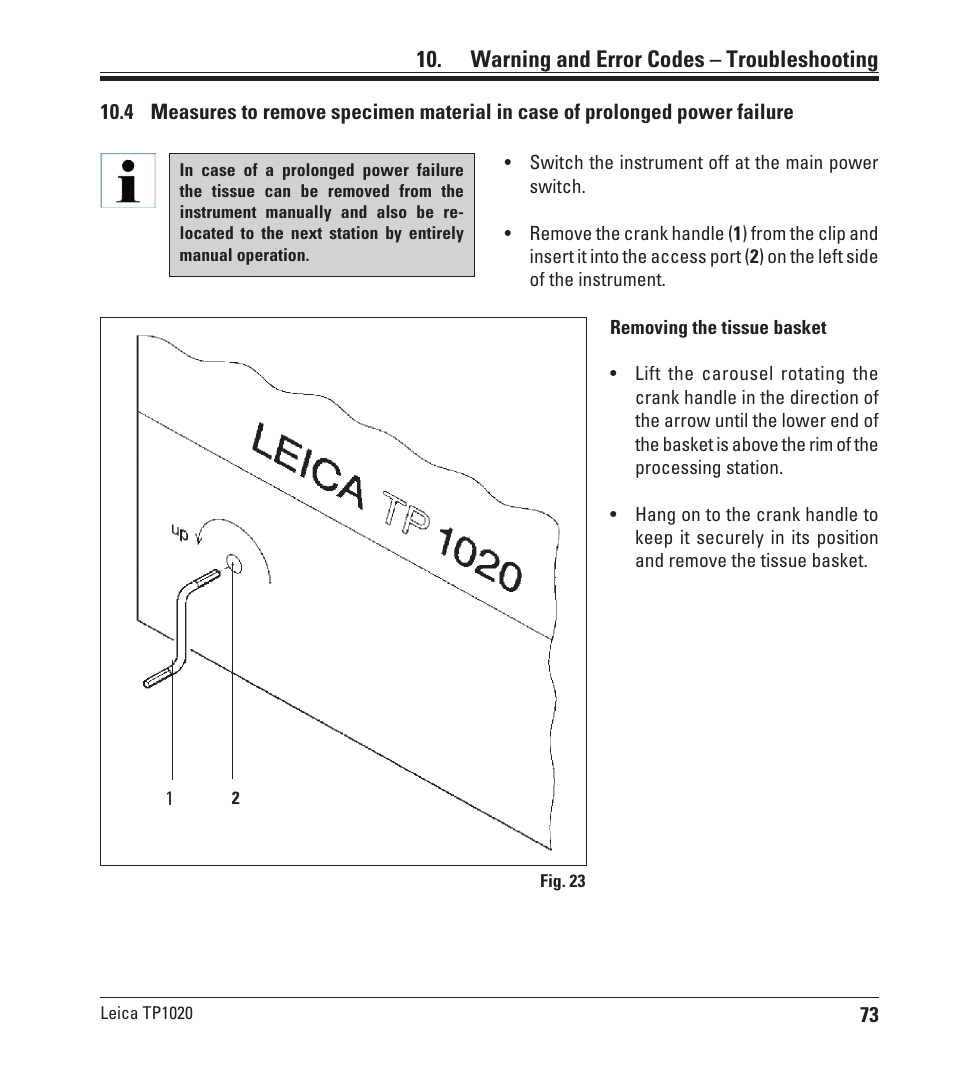 Warning and error codes – troubleshooting | Leica Biosystems TP1020 User Manual | Page 73 / 102