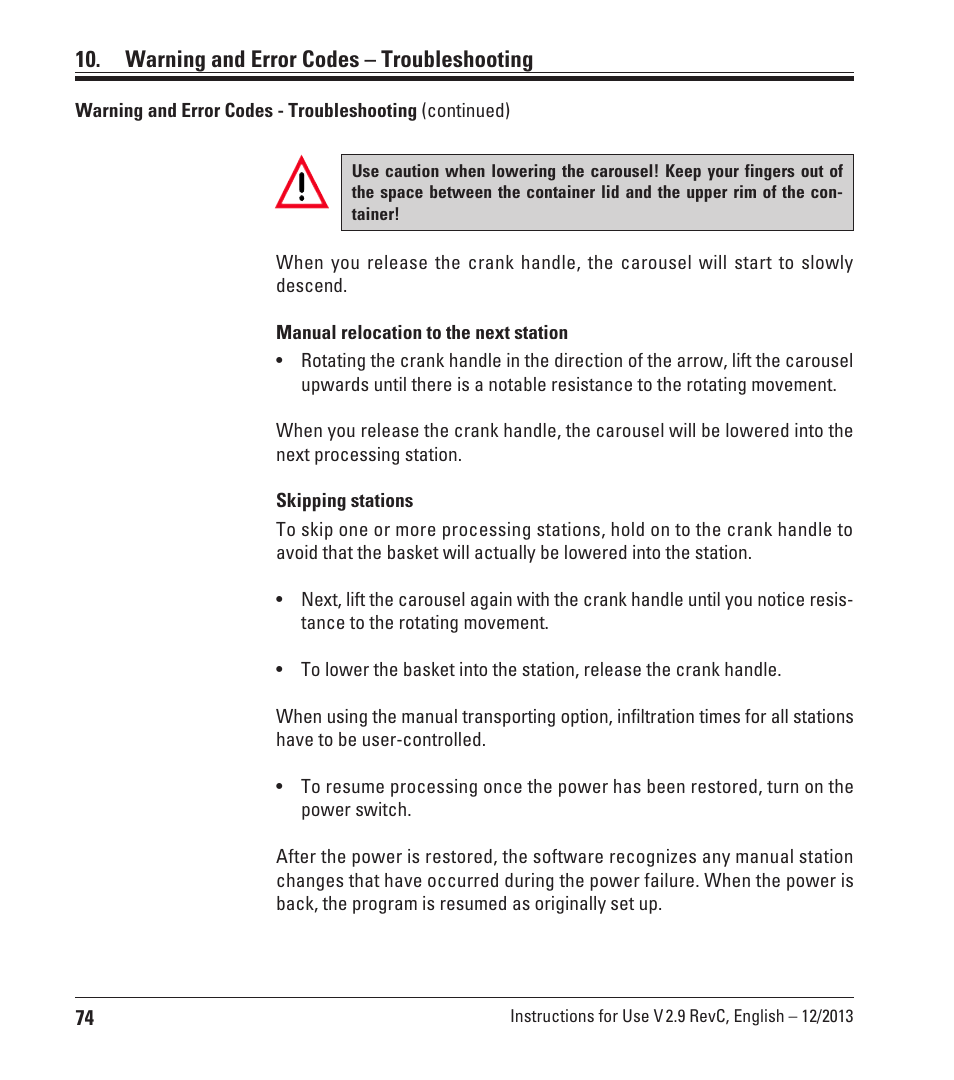 Warning and error codes – troubleshooting | Leica Biosystems TP1020 User Manual | Page 74 / 102