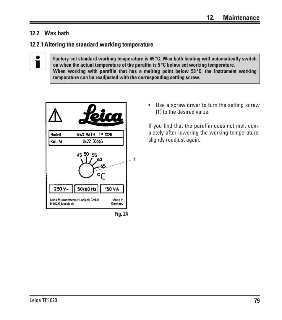 2 wax bath, 1 altering the standard working temperature, Maintenance | Leica Biosystems TP1020 User Manual | Page 79 / 102
