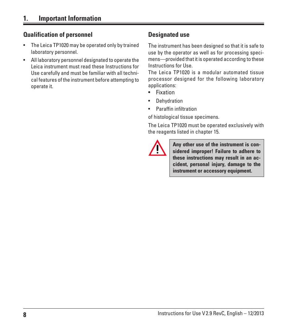 Important information | Leica Biosystems TP1020 User Manual | Page 8 / 102