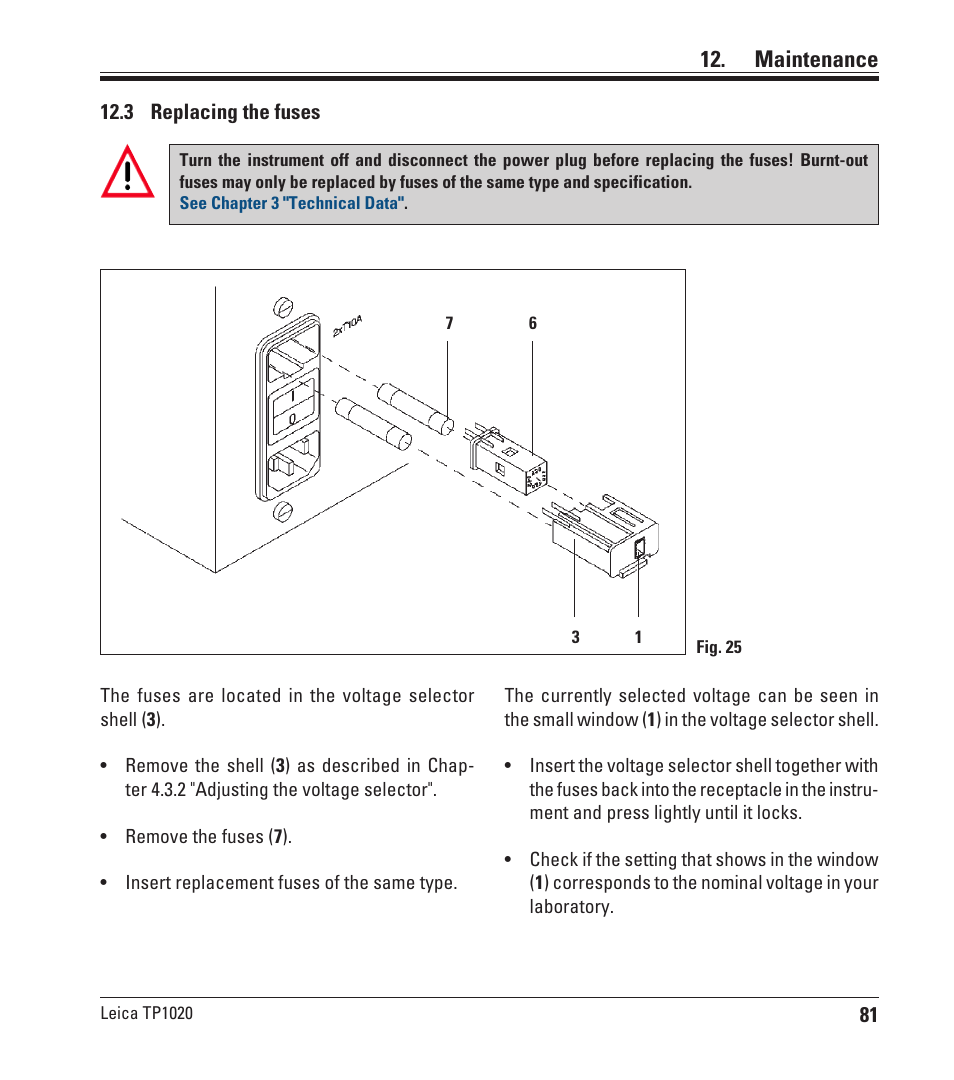 3 replacing the fuses, Maintenance | Leica Biosystems TP1020 User Manual | Page 81 / 102