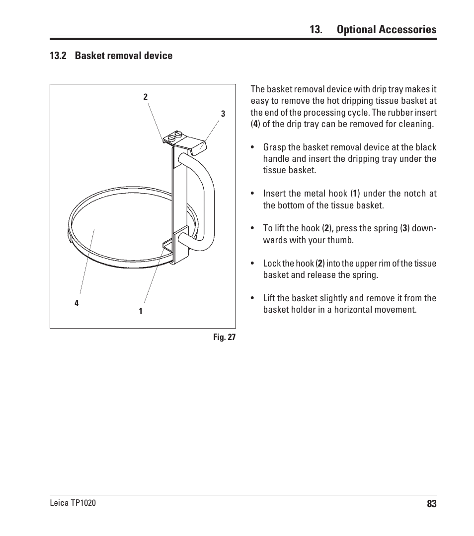 2 basket removal device, Optional accessories | Leica Biosystems TP1020 User Manual | Page 83 / 102