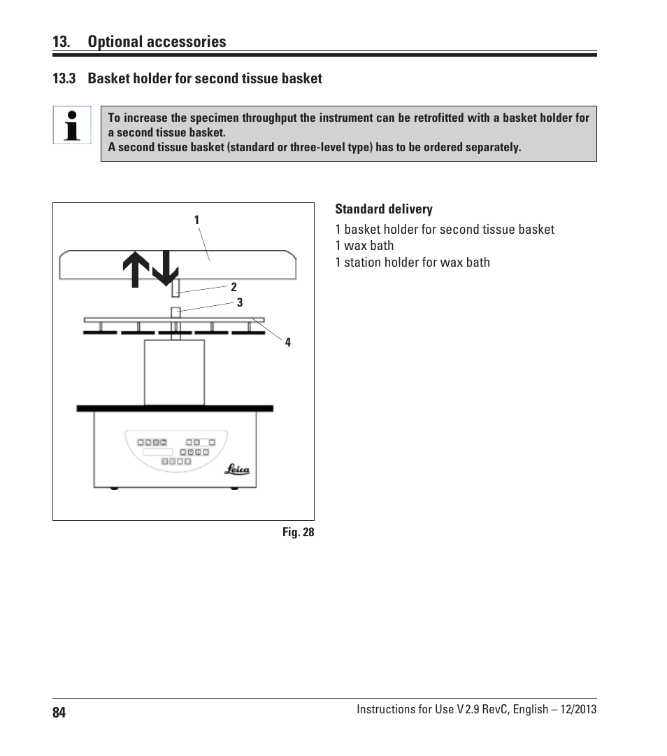 3 basket holder for second tissue basket, Optional accessories | Leica Biosystems TP1020 User Manual | Page 84 / 102