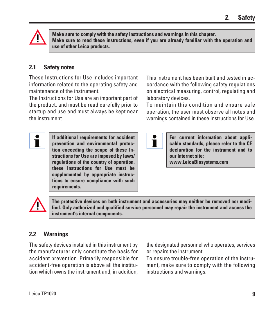 Safety, 1 safety notes, 2 warnings | Safety notes | Leica Biosystems TP1020 User Manual | Page 9 / 102