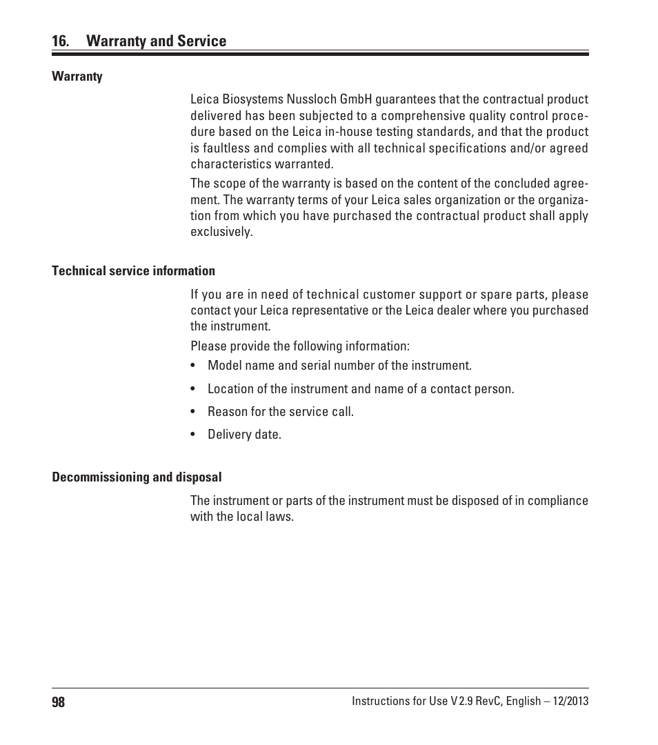 Warranty and service | Leica Biosystems TP1020 User Manual | Page 98 / 102