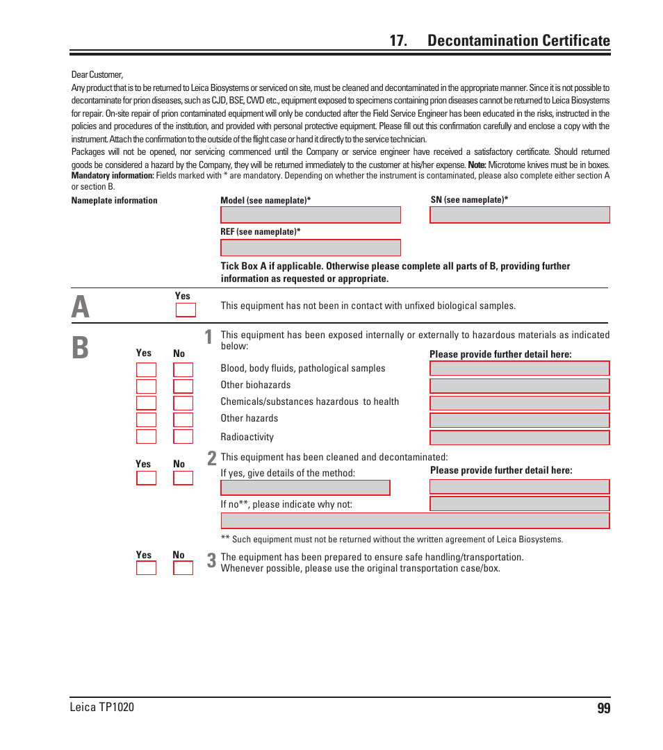 Decontamination certificate | Leica Biosystems TP1020 User Manual | Page 99 / 102