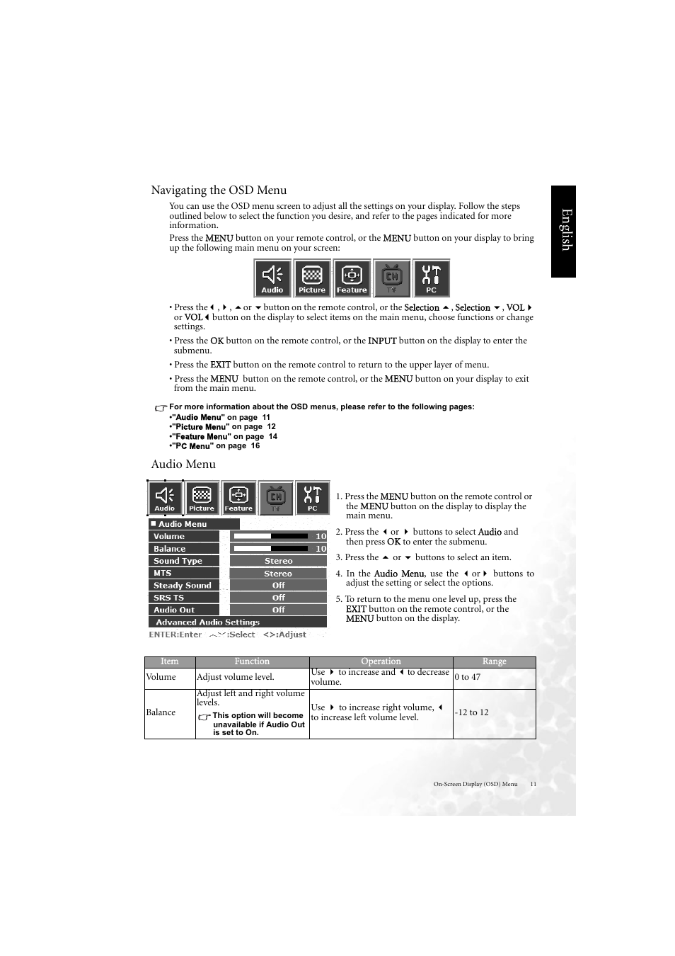 Navigating the menus, Audio menu, Eng lish | Navigating the osd menu | BenQ DV3750 User Manual | Page 17 / 26