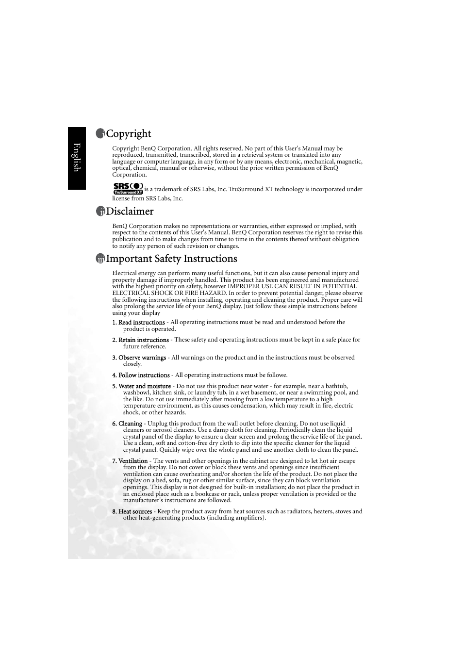 Copyright, Disclaimer, Important safety instructions | Eng lish | BenQ DV3750 User Manual | Page 2 / 26