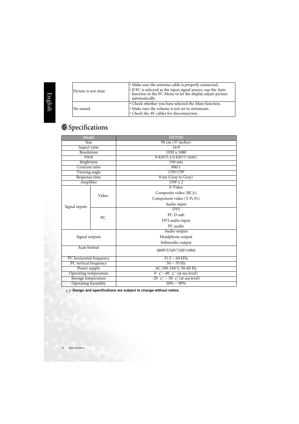 Specs, Specifications, Eng lish | BenQ DV3750 User Manual | Page 24 / 26