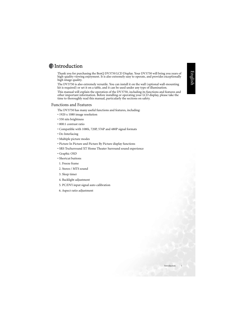 Features, Introduction, Eng lish | Functions and features | BenQ DV3750 User Manual | Page 7 / 26