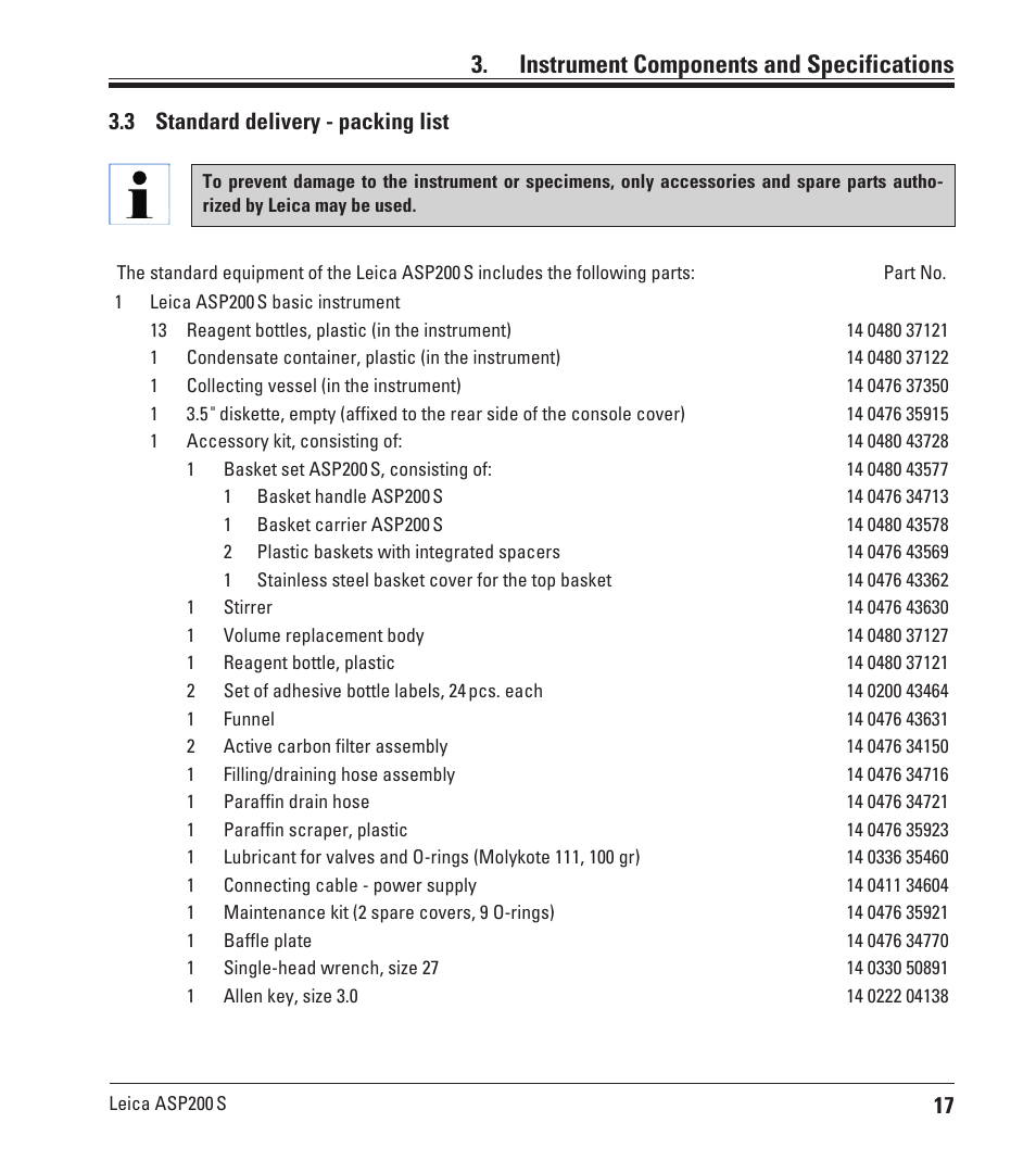 3 standard delivery - packing list, Standard delivery - packing list, Instrument components and specifications | Leica Biosystems ASP200 S User Manual | Page 17 / 88