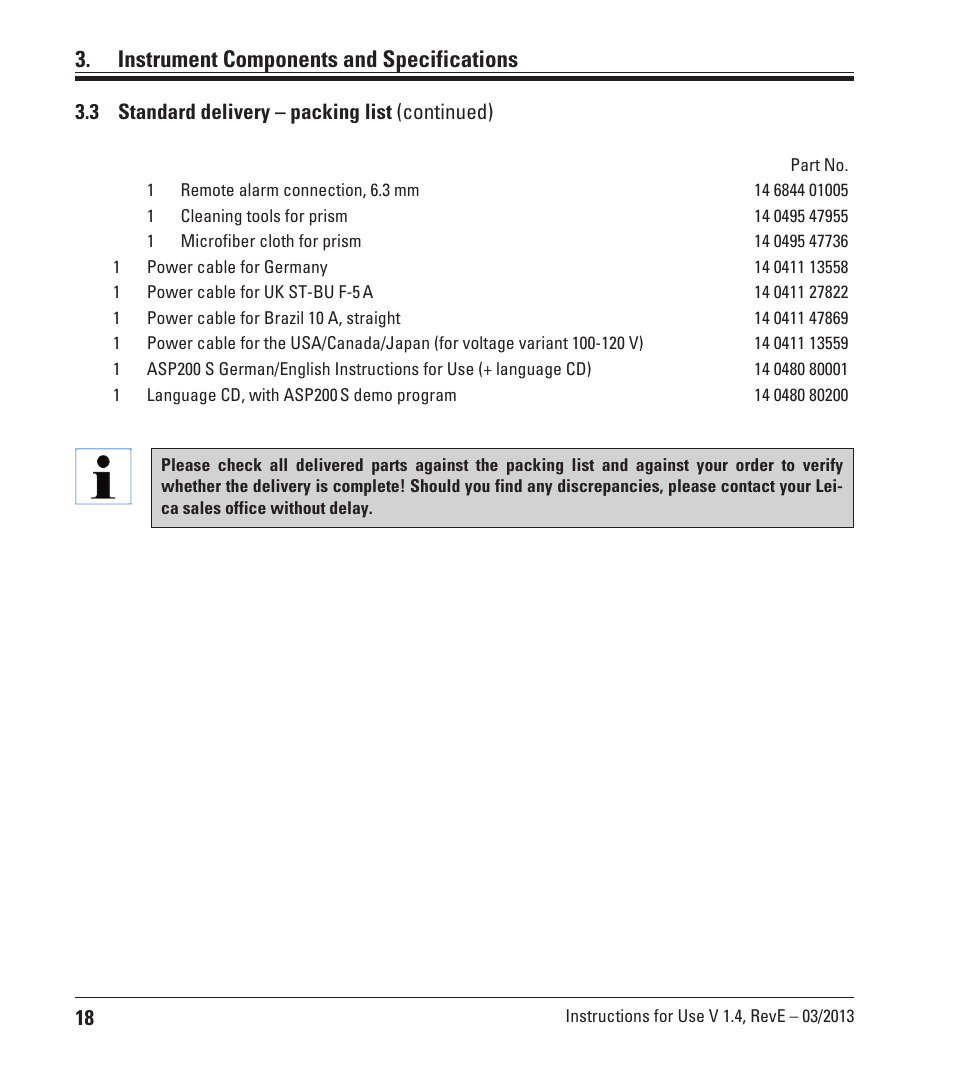 Instrument components and specifications, 3 standard delivery – packing list (continued) | Leica Biosystems ASP200 S User Manual | Page 18 / 88