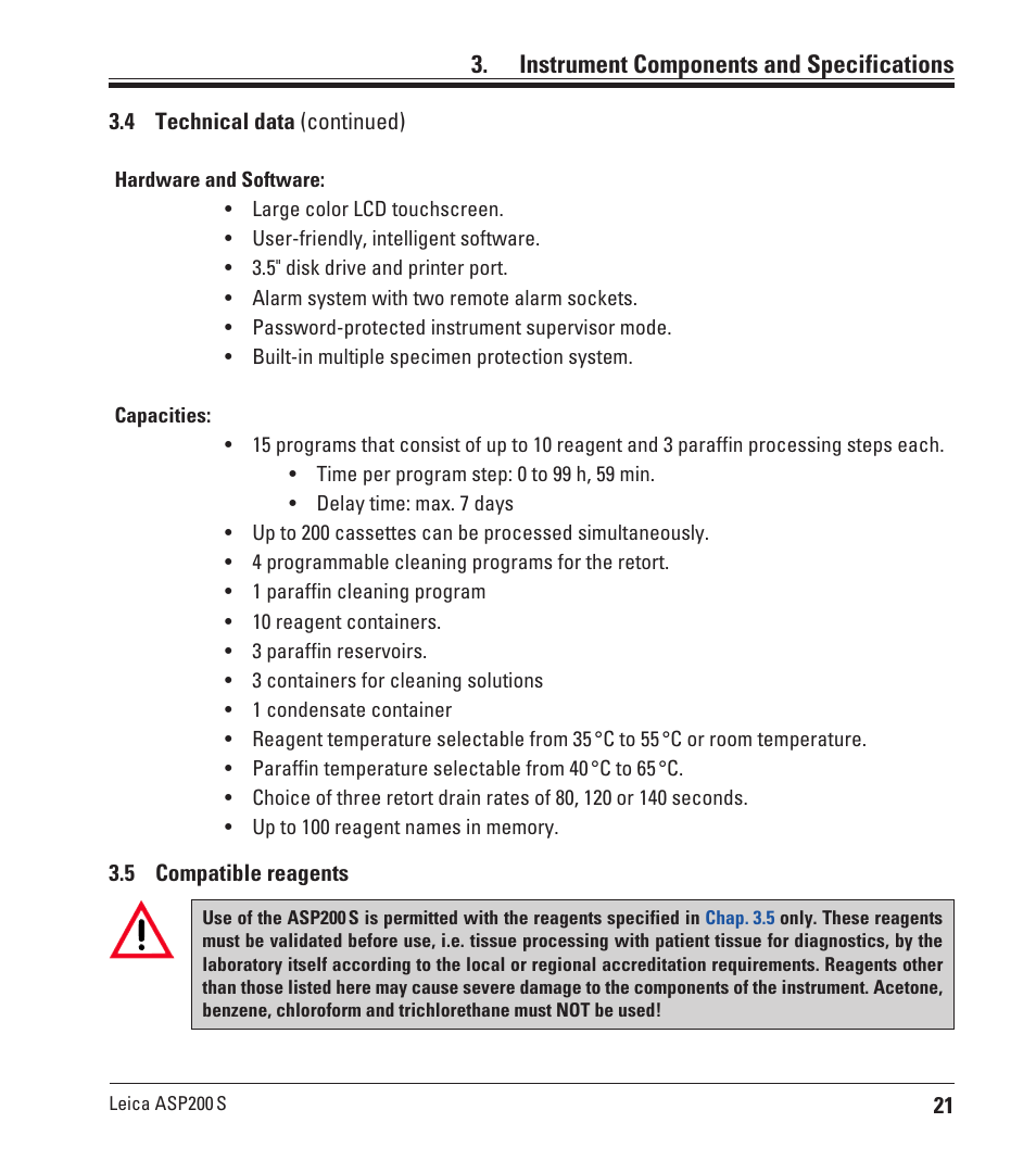 5 compatible reagents, Compatible reagents, Instrument components and specifications | Leica Biosystems ASP200 S User Manual | Page 21 / 88