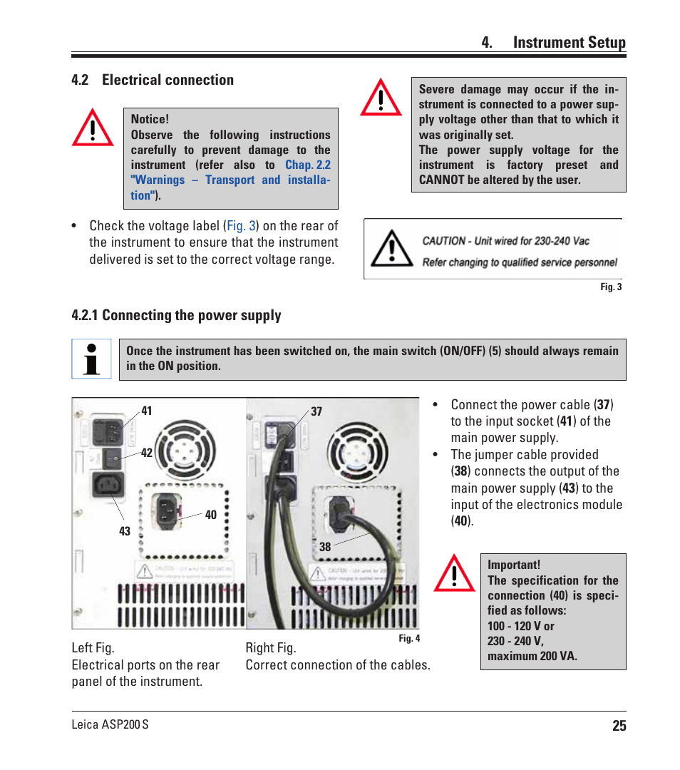 2 electrical connection, 1 connecting the power supply, Electrical connection | Instrument setup | Leica Biosystems ASP200 S User Manual | Page 25 / 88