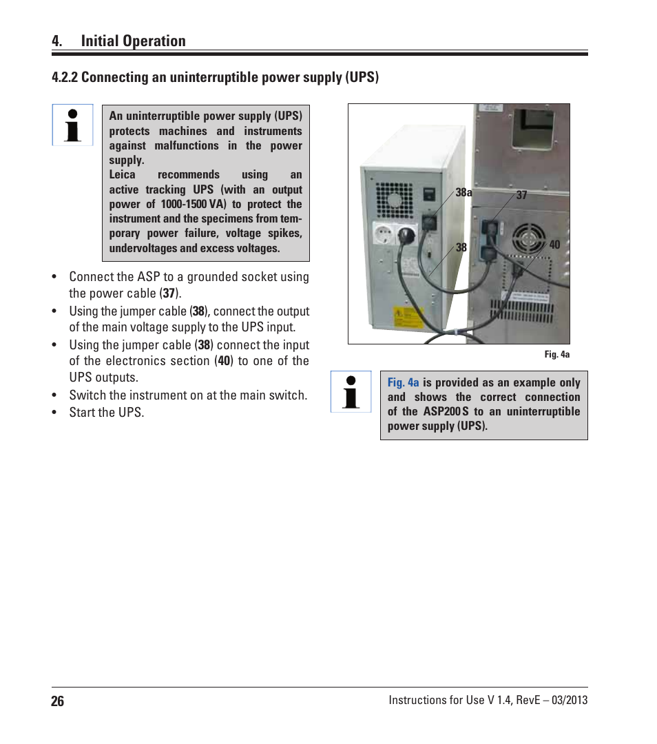 2 connecting an uninterruptible power supply (ups), Initial operation | Leica Biosystems ASP200 S User Manual | Page 26 / 88