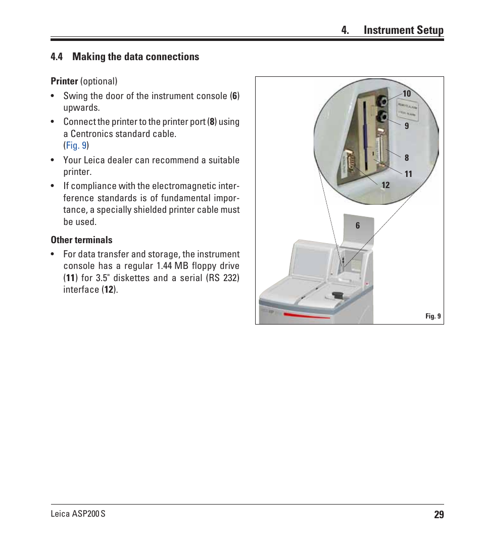 4 making the data connections, Making the data connections, Instrument setup | Leica Biosystems ASP200 S User Manual | Page 29 / 88