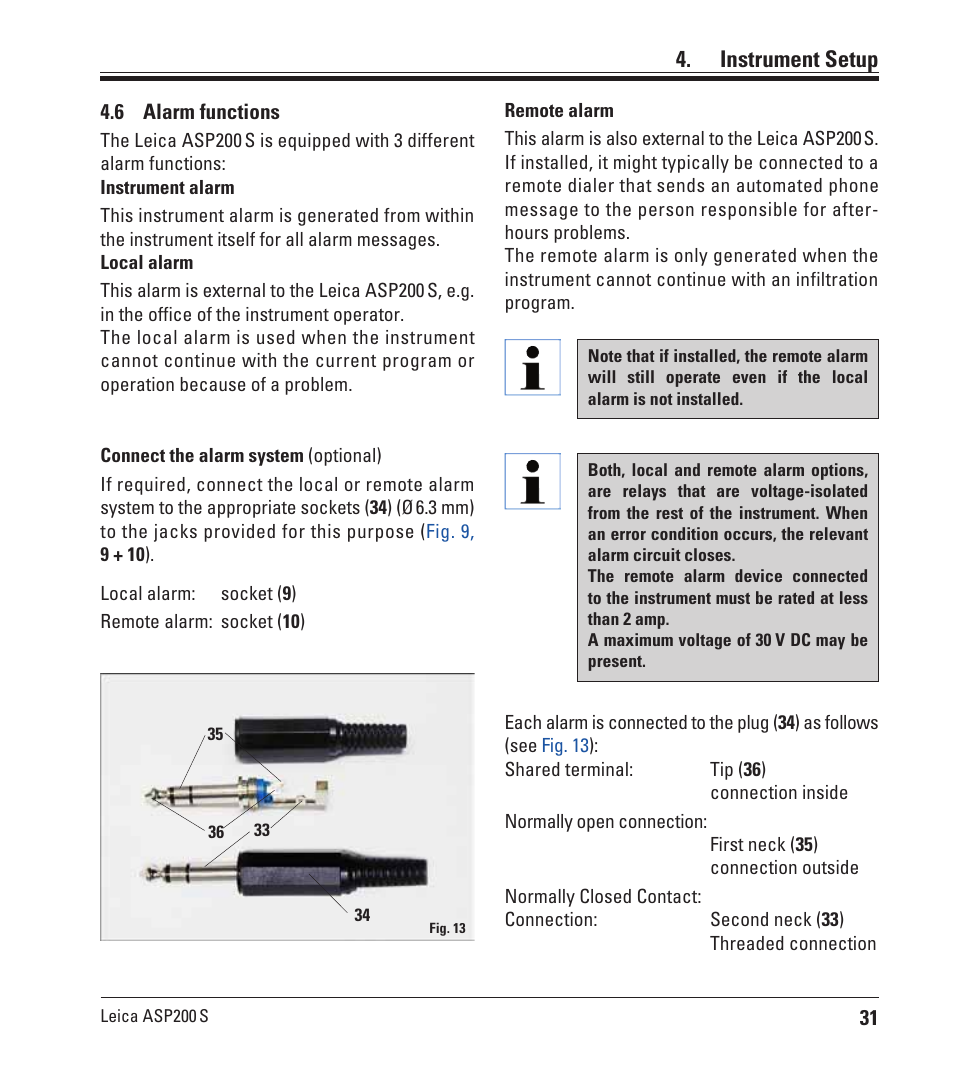 6 alarm functions, Alarm functions, Instrument setup | Leica Biosystems ASP200 S User Manual | Page 31 / 88