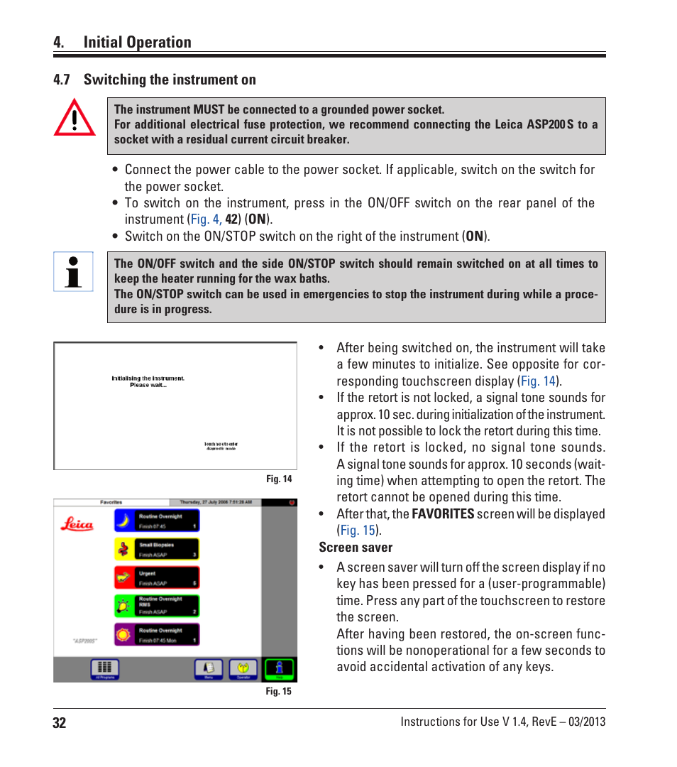 7 switching the instrument on, Switching the instrument on, Initial operation | Leica Biosystems ASP200 S User Manual | Page 32 / 88