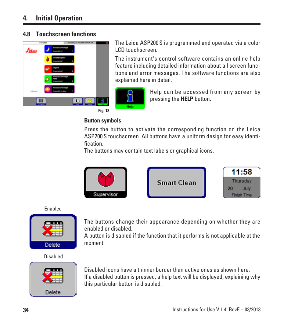 8 touchscreen functions, Touchscreen functions, Initial operation | Leica Biosystems ASP200 S User Manual | Page 34 / 88