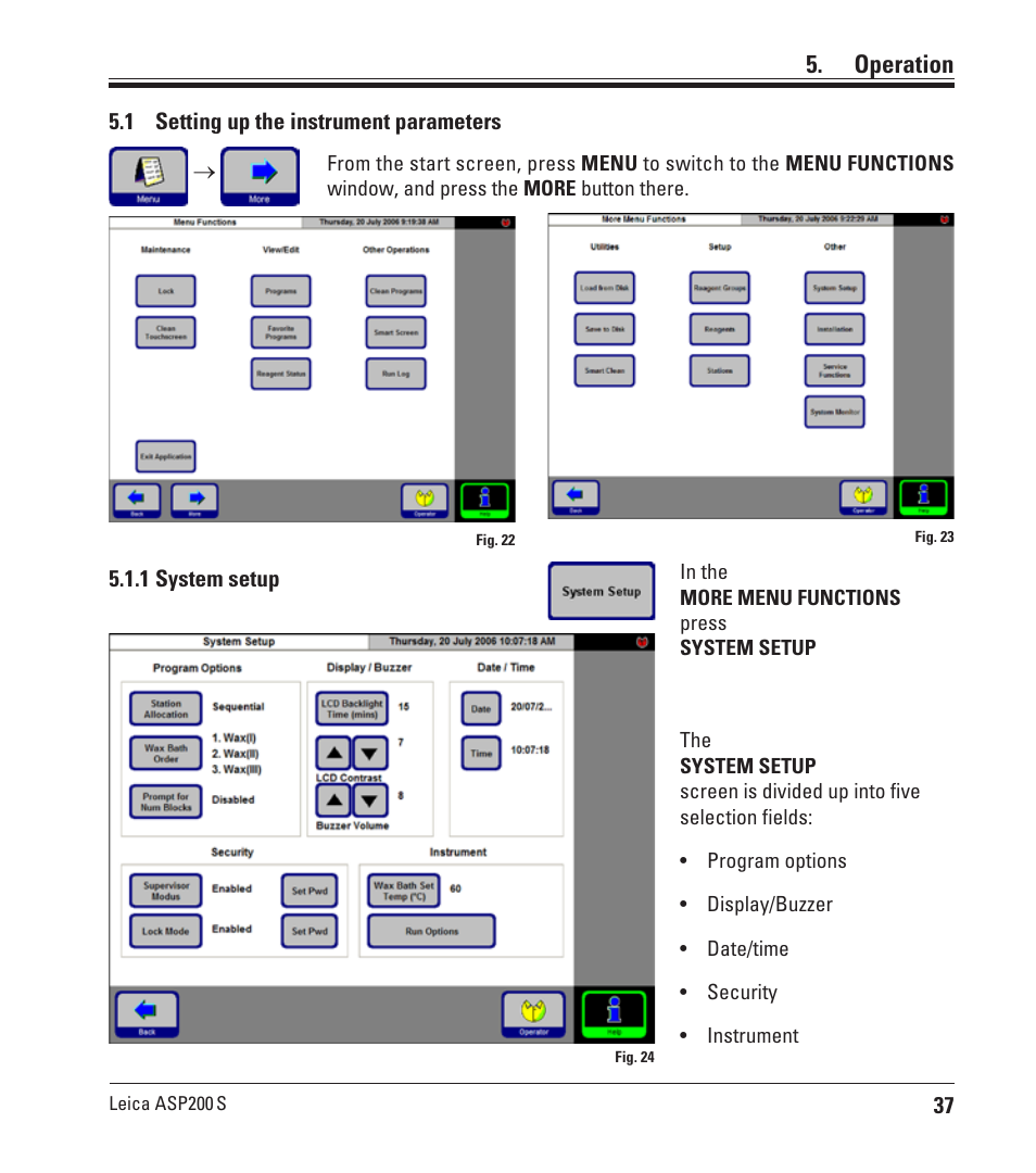Operation, 1 setting up the instrument parameters, 1 system setup | Setting up the instrument parameters | Leica Biosystems ASP200 S User Manual | Page 37 / 88