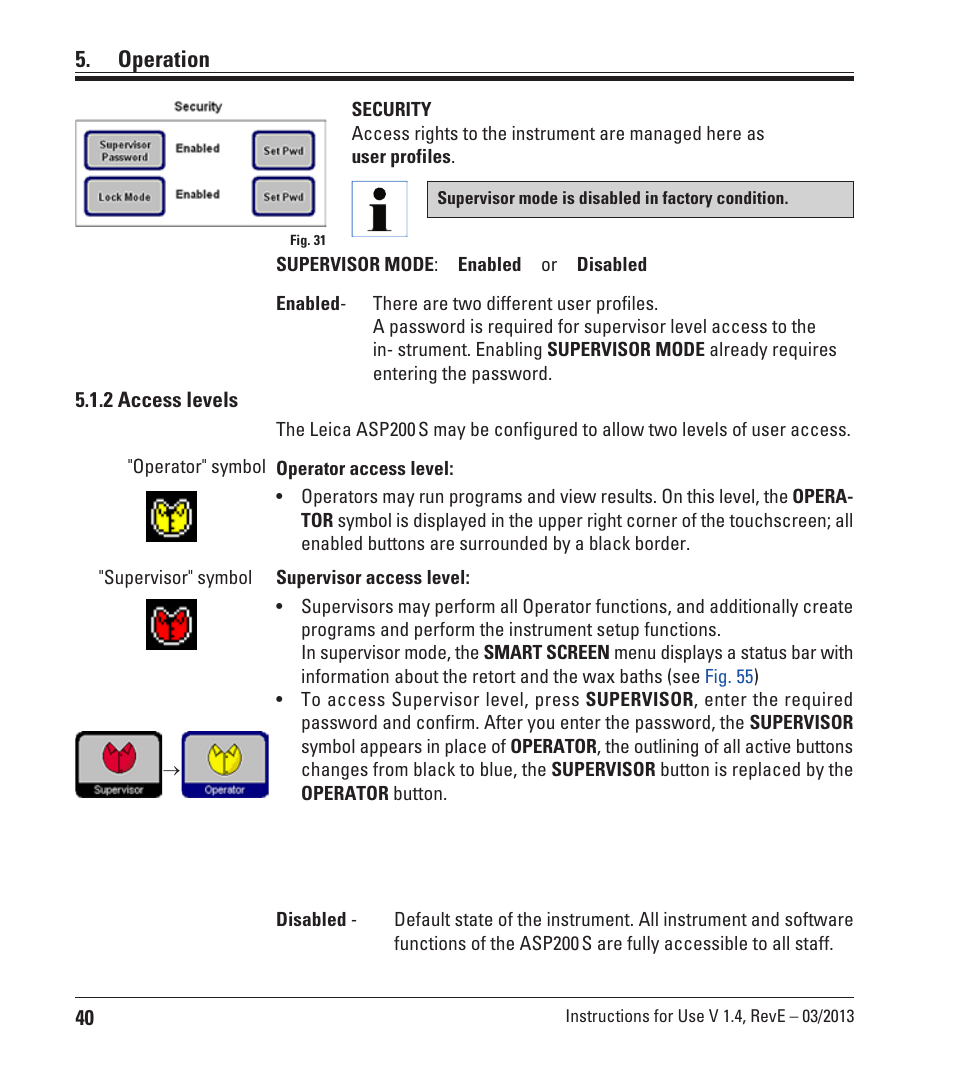 2 access levels, Operation | Leica Biosystems ASP200 S User Manual | Page 40 / 88