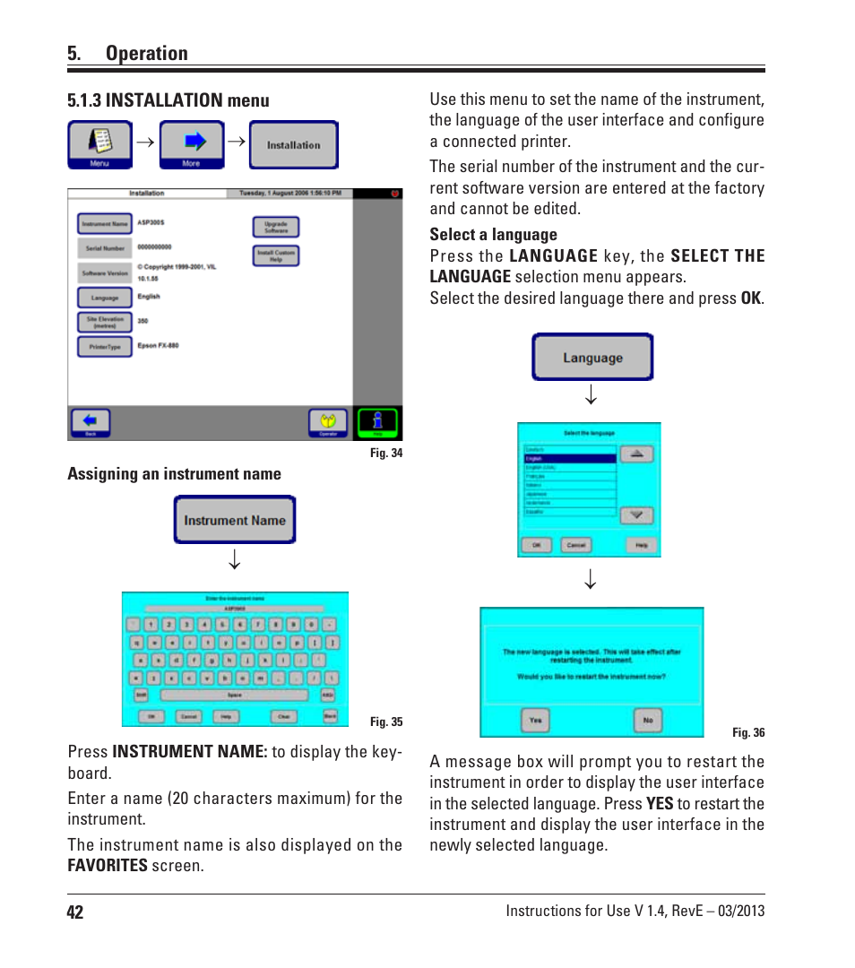 3 installation menu, Operation | Leica Biosystems ASP200 S User Manual | Page 42 / 88