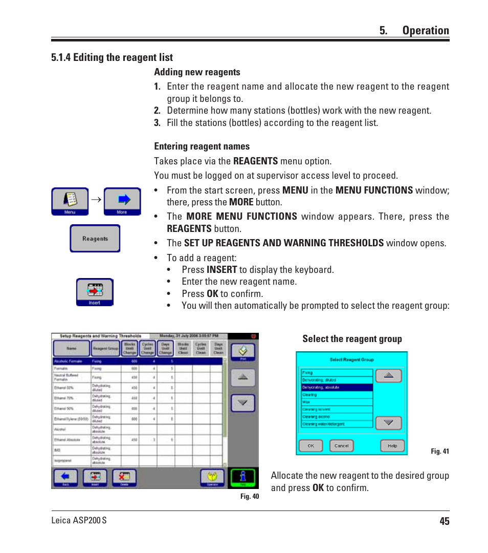 4 editing the reagent list, Operation | Leica Biosystems ASP200 S User Manual | Page 45 / 88