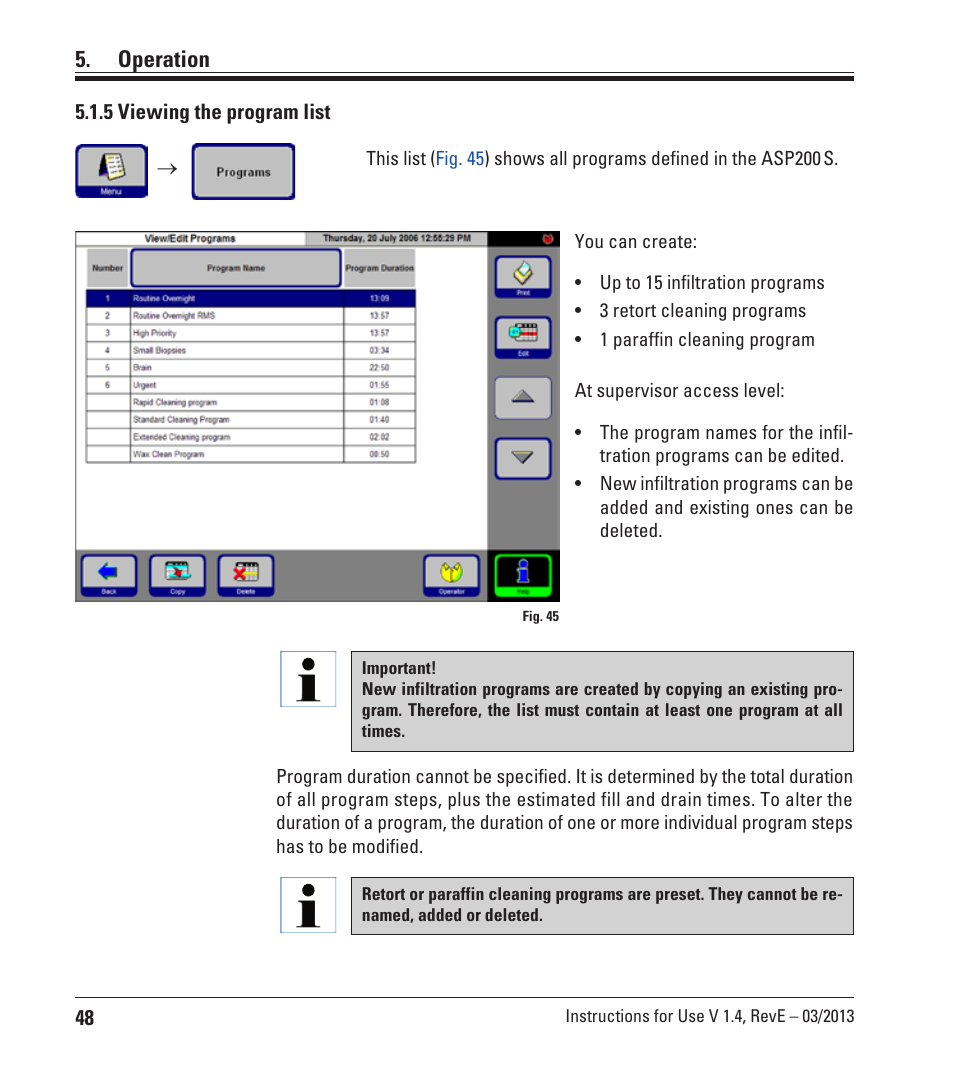 5 viewing the program list, Operation | Leica Biosystems ASP200 S User Manual | Page 48 / 88