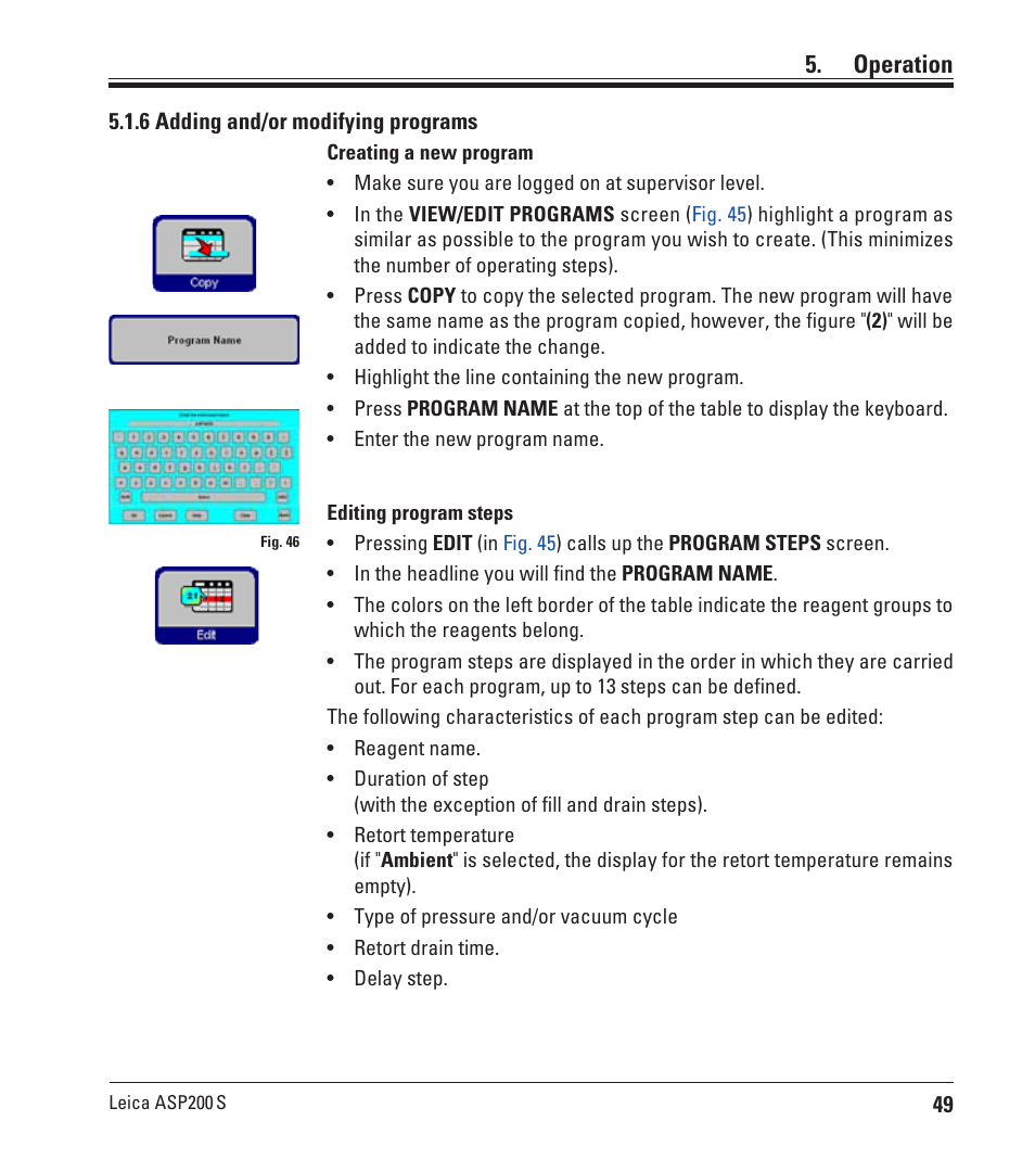 6 adding and/or modifying programs, Operation | Leica Biosystems ASP200 S User Manual | Page 49 / 88