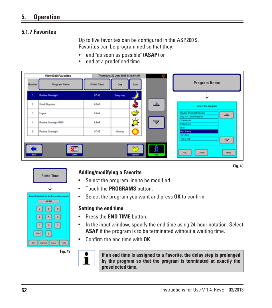 7 favorites, Operation | Leica Biosystems ASP200 S User Manual | Page 52 / 88