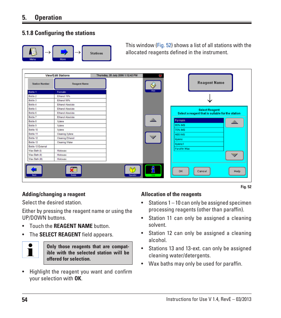 8 configuring the stations, Operation | Leica Biosystems ASP200 S User Manual | Page 54 / 88