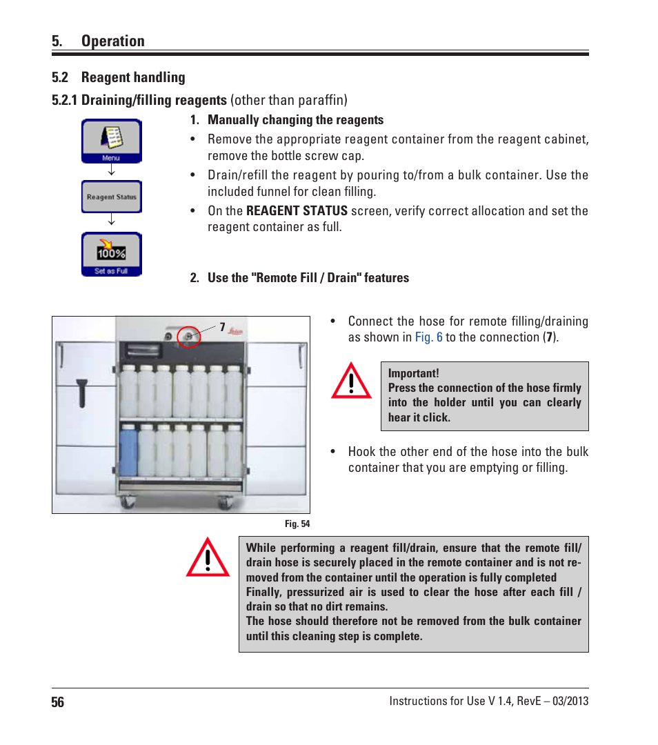 2 reagent handling, 1 draining/filling reagents (other than paraffin), Reagent handling | Operation | Leica Biosystems ASP200 S User Manual | Page 56 / 88