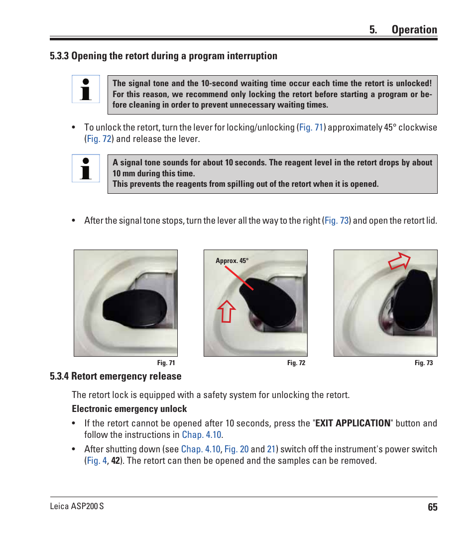 3 opening the retort during a program interruption, 4 retort emergency release | Leica Biosystems ASP200 S User Manual | Page 65 / 88