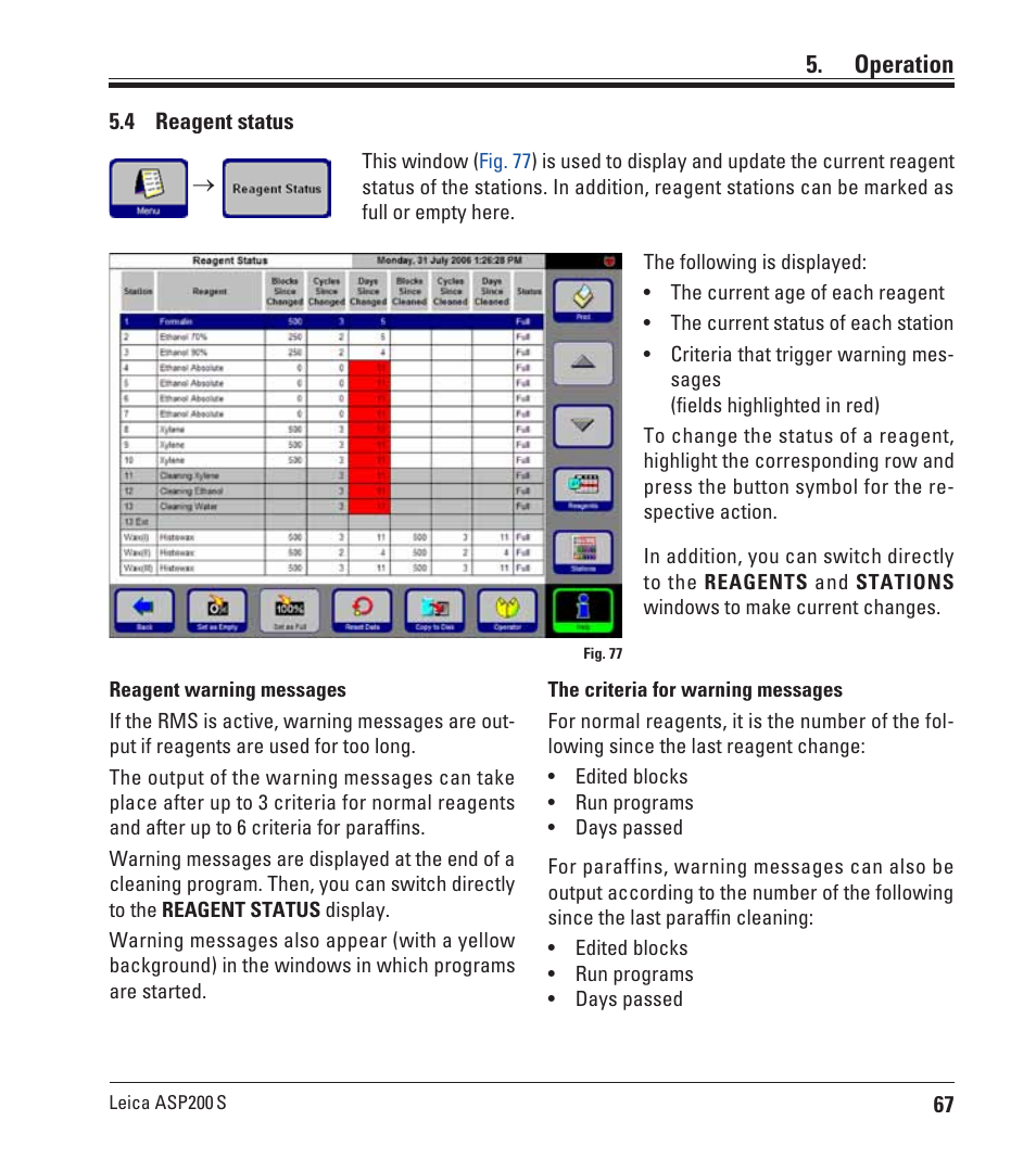 4 reagent status, Reagent status, Operation | Leica Biosystems ASP200 S User Manual | Page 67 / 88